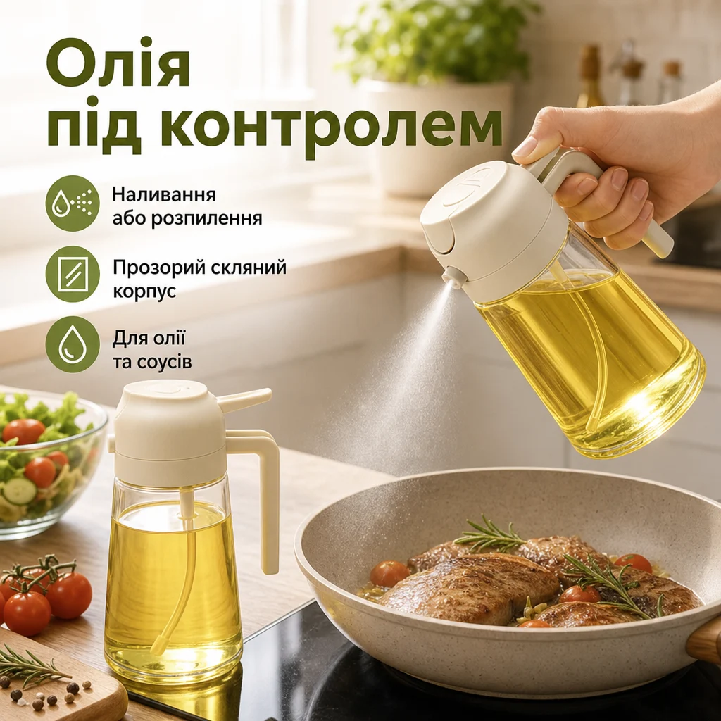 2-в-1 скляна пляшка-дозатор для олії з розпилювачем — Головне зображення