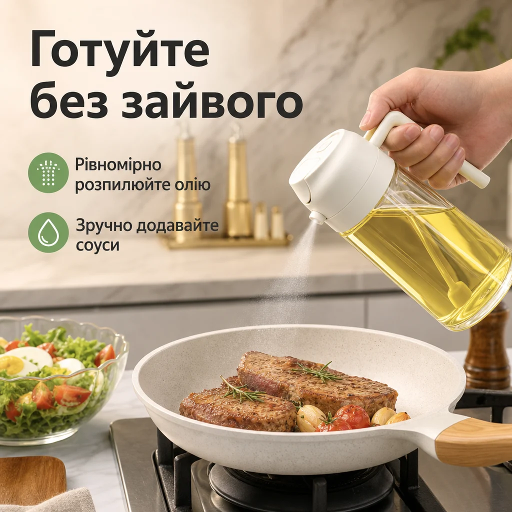 2-в-1 скляна пляшка-дозатор для олії з розпилювачем — Товар у використанні