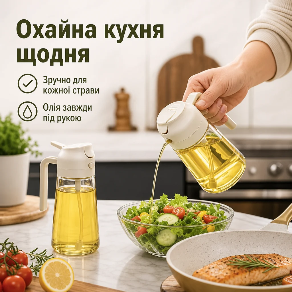 2-в-1 скляна пляшка-дозатор для олії з розпилювачем — Результат використання