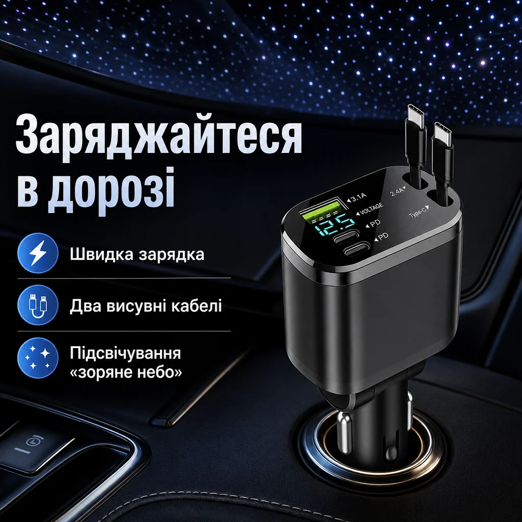 Автомобільний швидкий зарядний пристрій із підсвічуванням «Зоряне небо» — Головне зображення