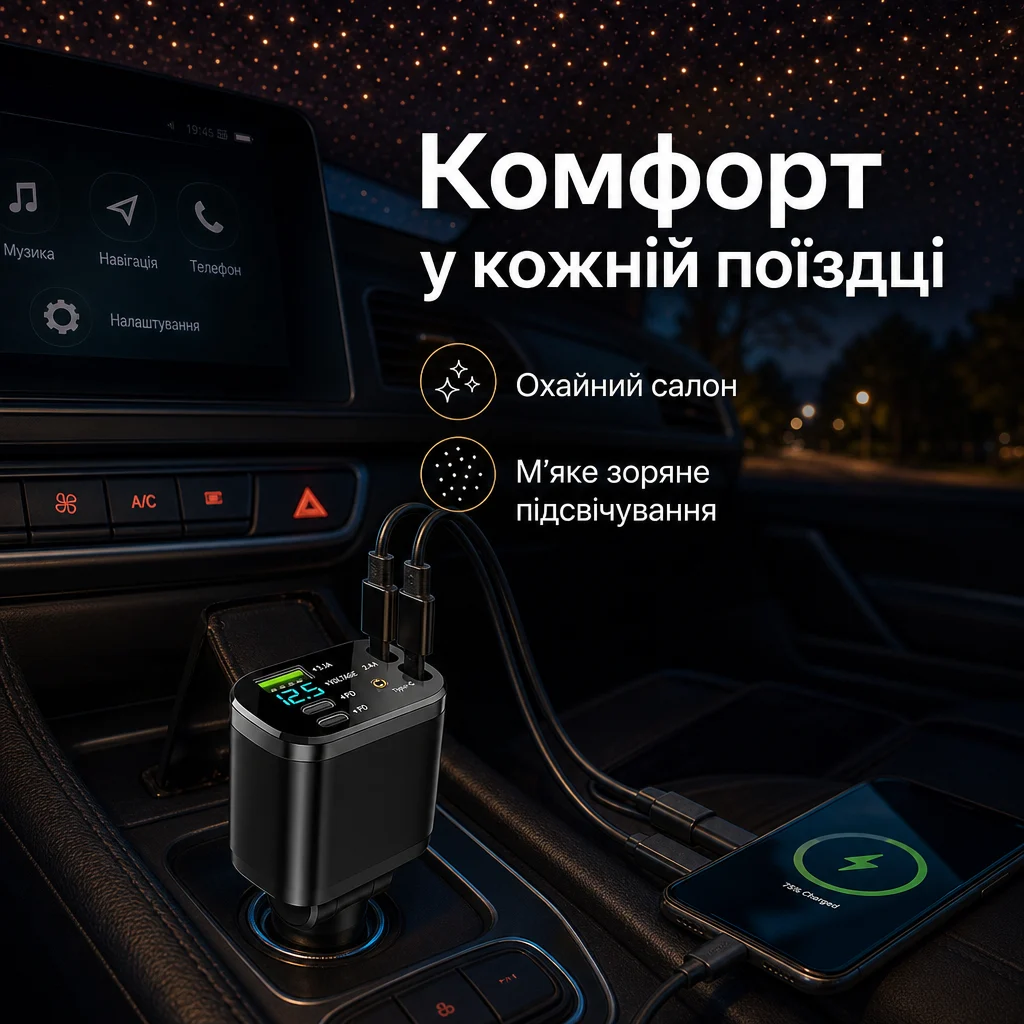 Автомобільний швидкий зарядний пристрій із підсвічуванням «Зоряне небо» — Результат використання