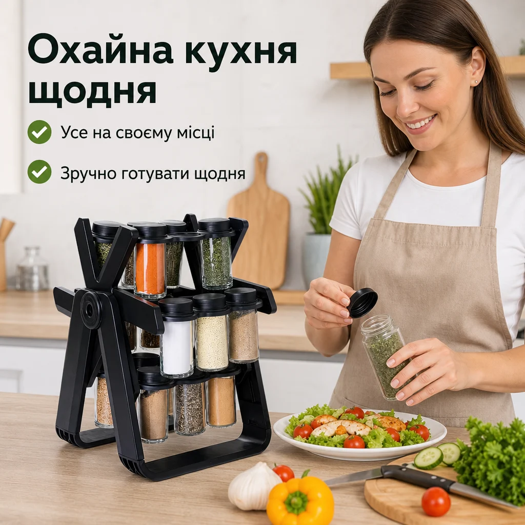 Обертова підставка для спецій на 18 баночок — Результат використання